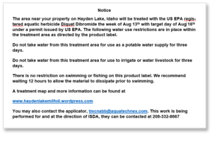 Hayden Lake Milfoil Treatment Notice