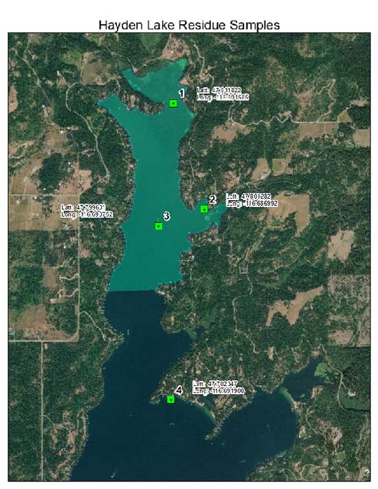 Map showing locatoins of 5/8/19 water sampling to test for residual Fluridone.