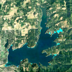 Aerial view of Hayden Lake shows treatment areas for August 2019 Noxious Weed treatment.