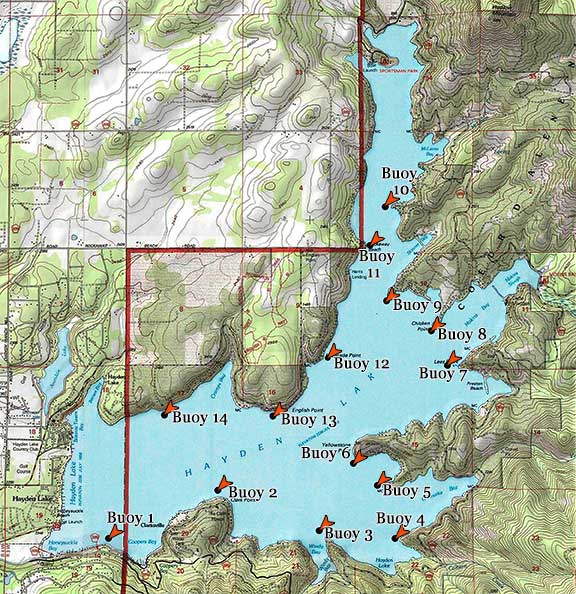 Map of Hayden lake shows 14 buoys distributed around the main body of the lake.
