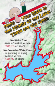 This fun graphic reminds boaters of wake-related rules on Hayden Lake: no wakes within 200 ft; no excessive wakes within 300 ft.
