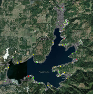 Hayden Lake June/July '24 Survey Map shows location of active Milfoil growth.