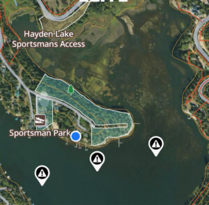 Map of Sportsmans Peninsula shows three buoys located east, south, and southwest of the boat launch.