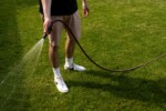 Man watering green lawn.