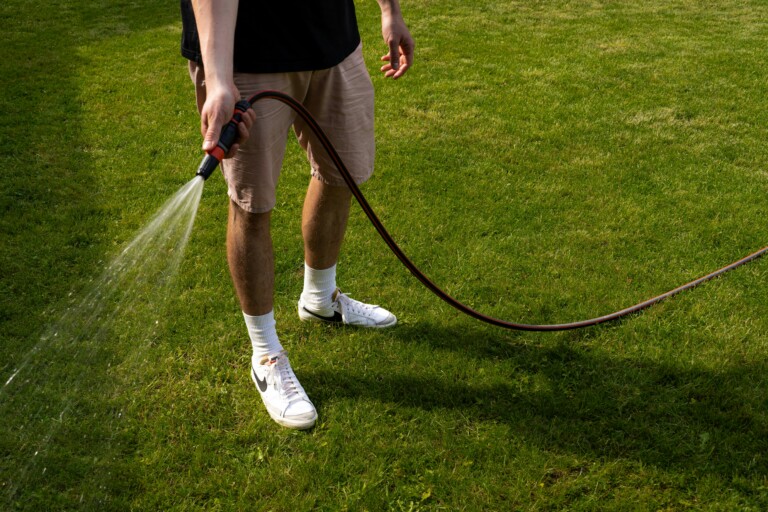 Man watering green lawn.