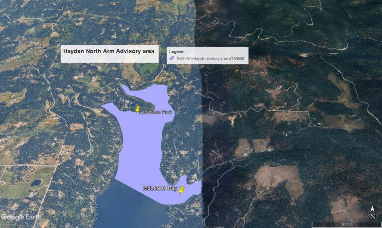 Updated harmful Algal Bloom affected area map. North arm of Hayden Lake - Sportsman Park to McLeans Bay.
